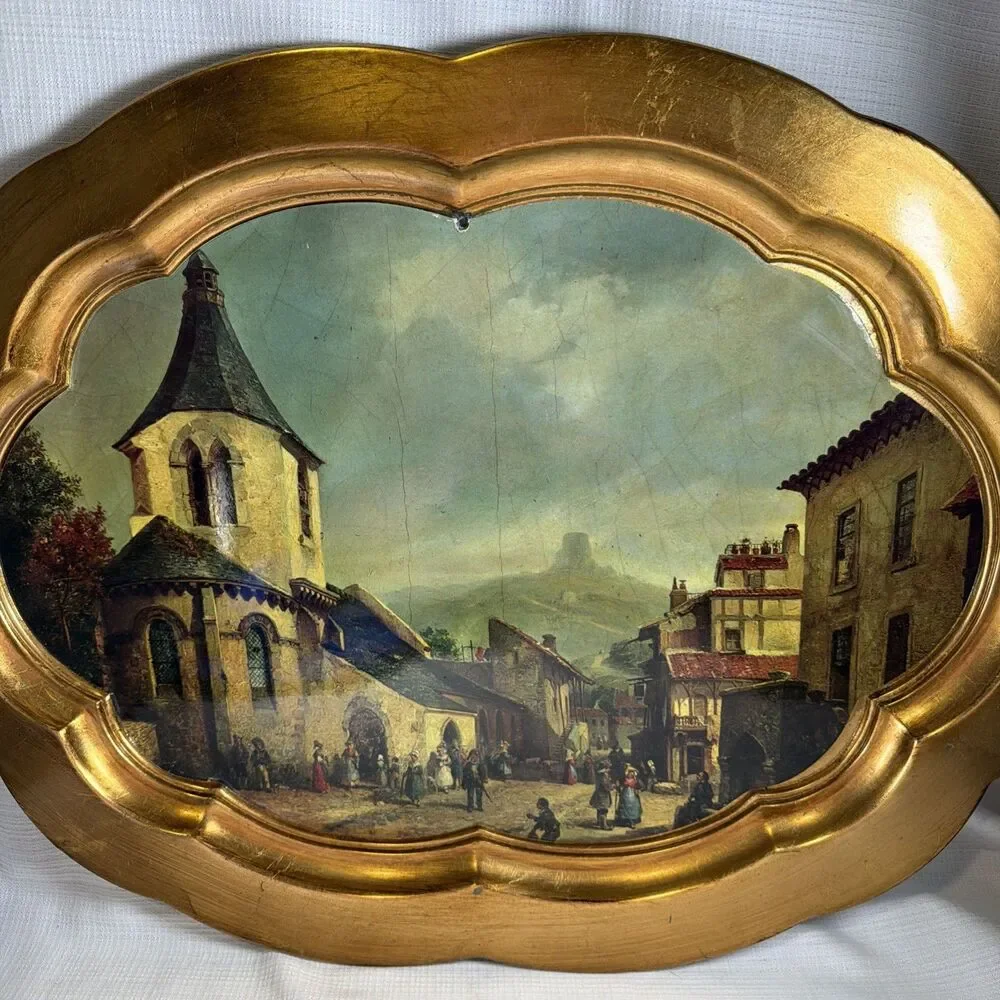 Large Mid Century Florentine Faux Wood Tray Italy Scalloped Gold Vanity Tray